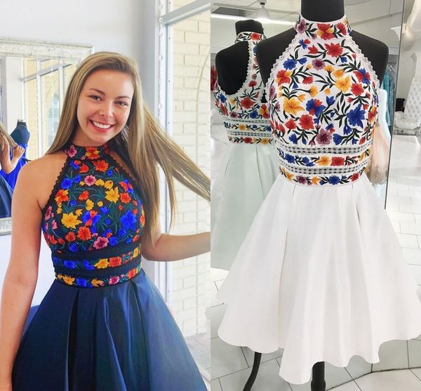 2021 designer short prom dresses floral embroidered beaded high neck open back satin a-line homecoming dress graduation mini formal gowns, Black
2021 designer short prom dresses floral embroidered beaded high neck open back satin a-line homecoming dress graduation mini formal gowns, Black