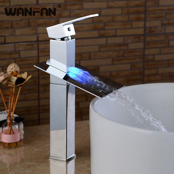 

bathroom sink faucets led basin waterfall faucet chrome finish 3 colors changing light mixer water tap lh-16819