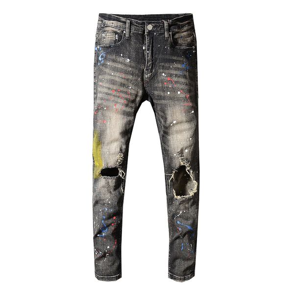 men's jeans sokotoo gray black painted holes ripped slim skinny distressed stretch denim pants long trousers, Blue
men's jeans sokotoo gray black painted holes ripped slim skinny distressed stretch denim pants long trousers, Blue
