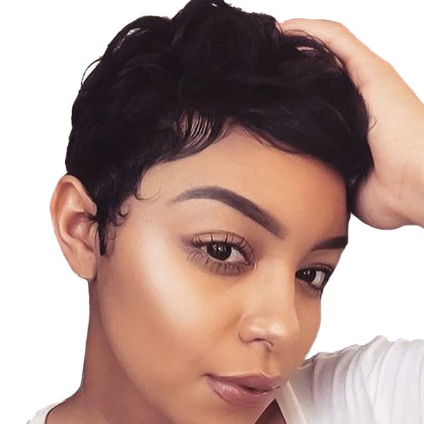 women short hair wig wavy layered full wigs oblique bangs fringe human hair, Black
women short hair wig wavy layered full wigs oblique bangs fringe human hair, Black