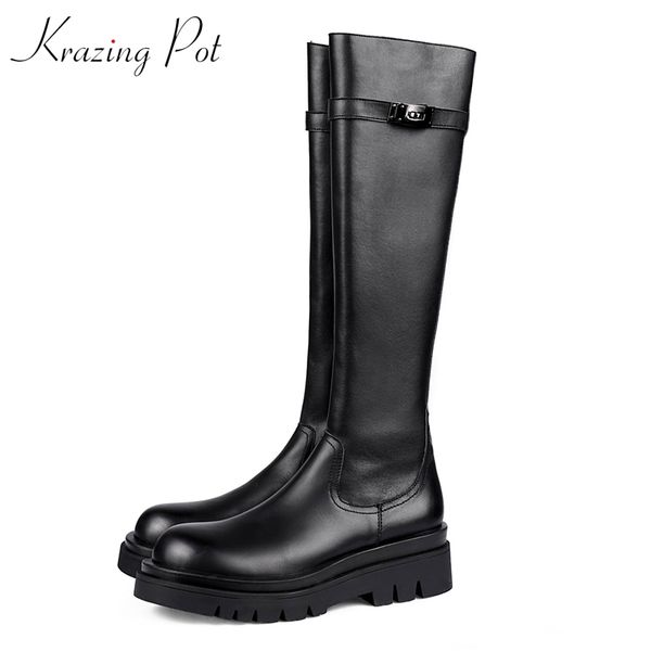 krazing pot genuine leather zip knee high round toe metal fasteners keep warm plus size platform med heels thigh-high boots l87, Black
krazing pot genuine leather zip knee high round toe metal fasteners keep warm plus size platform med heels thigh-high boots l87, Black