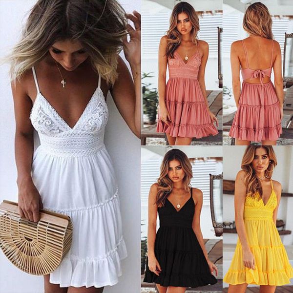 v neck mini dress women bodycon lace spaghetti strap female summer backless bow casual beach party dresses, Black;gray
v neck mini dress women bodycon lace spaghetti strap female summer backless bow casual beach party dresses, Black;gray