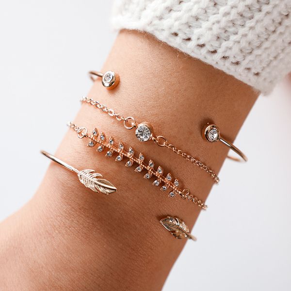 bohemian 4pcs/set fashion fish bone leaves crystal round geometric chain open charm bracelets for women gift jewelry wholesale, Golden;silver
bohemian 4pcs/set fashion fish bone leaves crystal round geometric chain open charm bracelets for women gift jewelry wholesale, Golden;silver