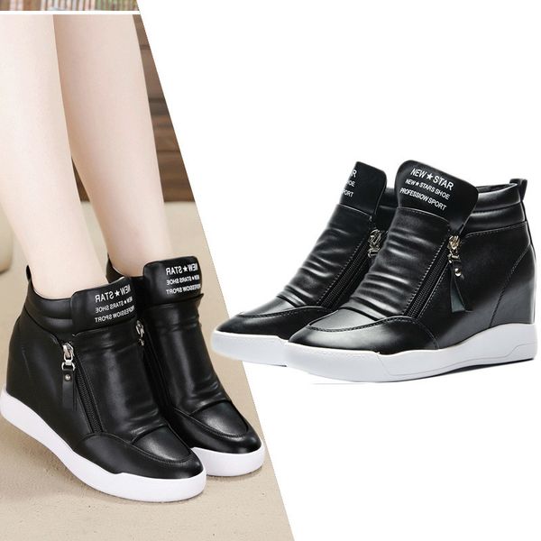 boots 2021 summer autumn platform wedge heel women shoes with increased sole female fashion casual zip botas, Black