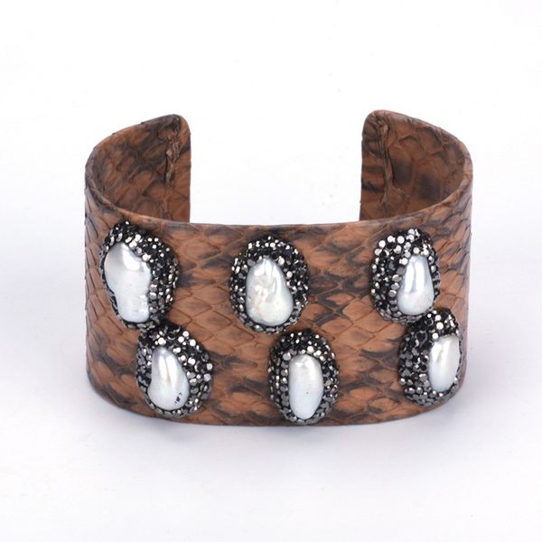 bangle natural irragular big freshwater pearl bead charm pave rhinestone brown real snake leather wide open women, Black
bangle natural irragular big freshwater pearl bead charm pave rhinestone brown real snake leather wide open women, Black
