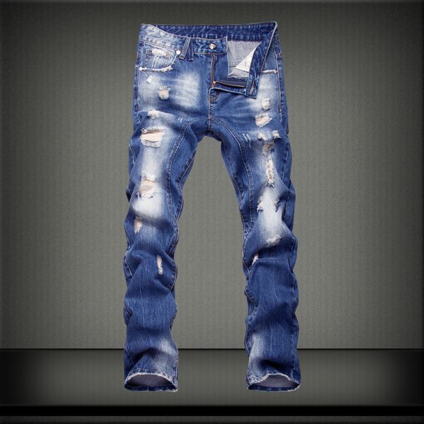 men casual jeans fashion washed distressed hole straight-leg mid-waist jeans zipper men denim pants trousers, Blue
men casual jeans fashion washed distressed hole straight-leg mid-waist jeans zipper men denim pants trousers, Blue