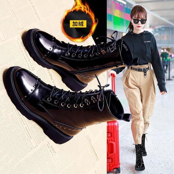 autumn leather women's short boots winter flat patent all-match plus velvet british style short non-slip motorcycle boots, Black
autumn leather women's short boots winter flat patent all-match plus velvet british style short non-slip motorcycle boots, Black