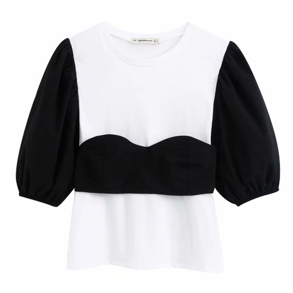 new women basic o neck black white color patchwork casual t-shirt female short sleeve knitting chic t shirt retro t604 
new women basic o neck black white color patchwork casual t-shirt female short sleeve knitting chic t shirt retro t604