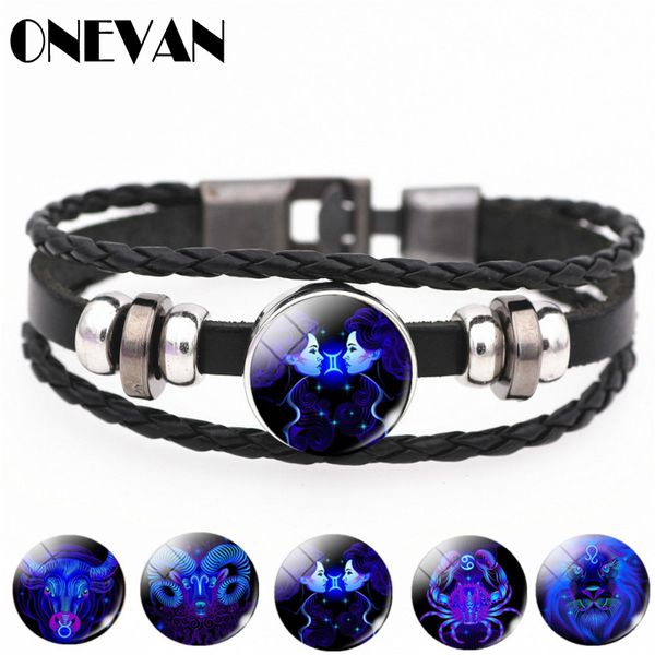 link, chain 12 constellation zodiac sign blue glass leather bracelet aries aquarius leo virgo woven dome jewelry punk men, Black
link, chain 12 constellation zodiac sign blue glass leather bracelet aries aquarius leo virgo woven dome jewelry punk men, Black