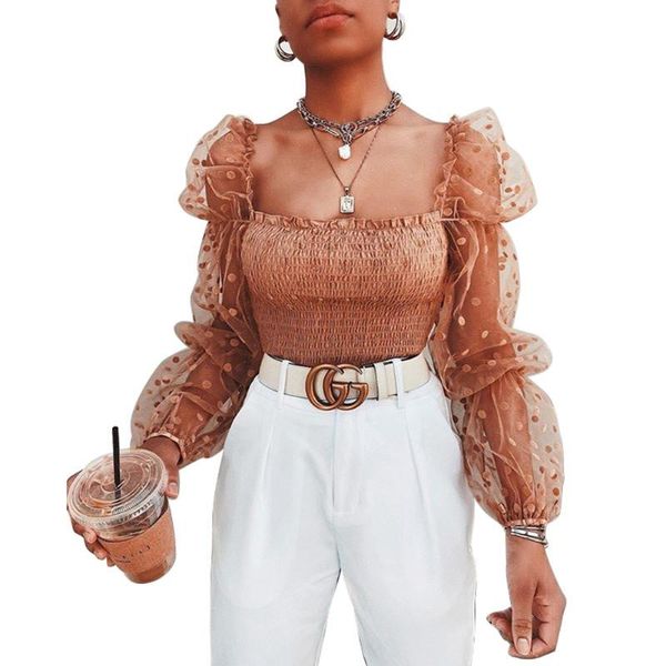 2020 fashion women's blouse summer ladies polka dot mesh see through pleated solid long puff sleeve slim wild shirts, White
2020 fashion women's blouse summer ladies polka dot mesh see through pleated solid long puff sleeve slim wild shirts, White