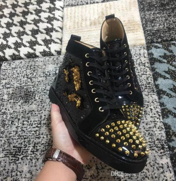 2019 new luxury black gold glitter sequins red bottom shoes designer high spikes toe genuine leather flats party wedding men sneakers
2019 new luxury black gold glitter sequins red bottom shoes designer high spikes toe genuine leather flats party wedding men sneakers