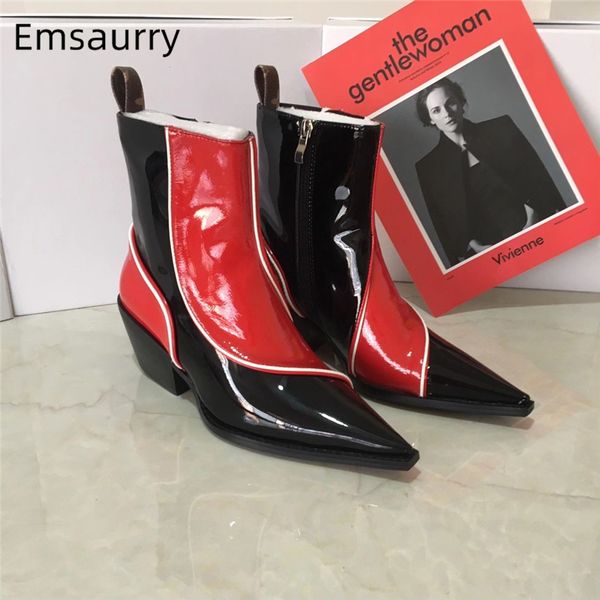 boots bright patent leather patchwork ankle women square heel pointed toe side zip mixed color autumn winter booties woman, Black 
boots bright patent leather patchwork ankle women square heel pointed toe side zip mixed color autumn winter booties woman, Black