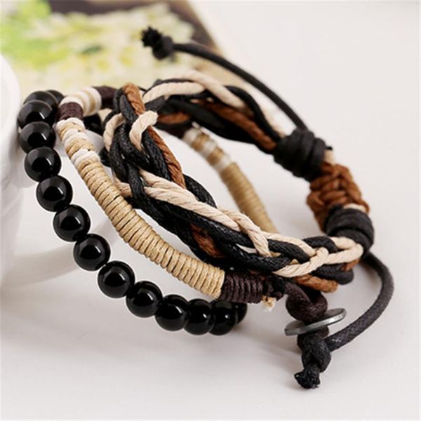 charm bracelets 3pcs/set boho hippie punk black onyx beaded bracelet brown cord wrap layers stackable set for man wrist jewelry, Golden;silver
charm bracelets 3pcs/set boho hippie punk black onyx beaded bracelet brown cord wrap layers stackable set for man wrist jewelry, Golden;silver