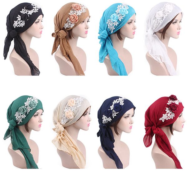 lady's flower headscarf women tied bandana lace wrap head cap chemo hat cotton turban women hair accessories