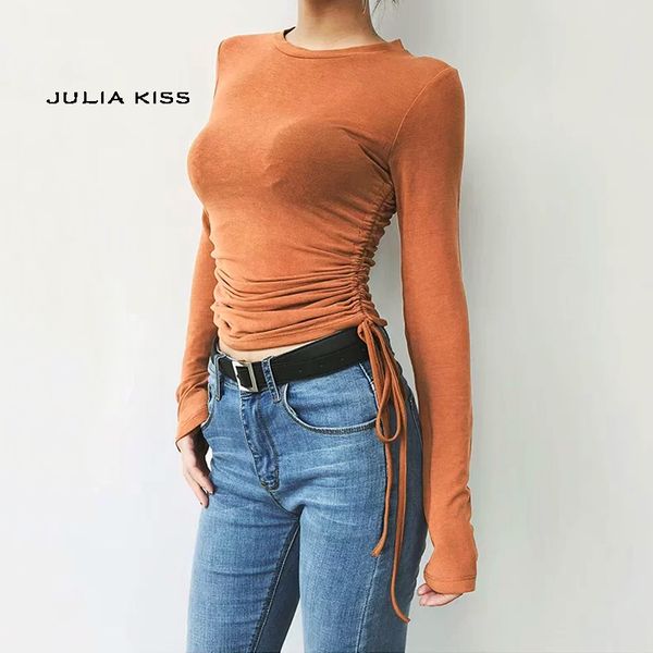 women ruched drawstring sides long sleeve t-shirt, White
women ruched drawstring sides long sleeve t-shirt, White