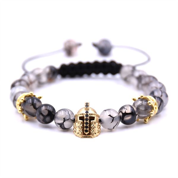 men bracelet natural stone beads bracelet spartan warrior gladiador helmet crown bracelets for women men jewelry bileklik, Black
