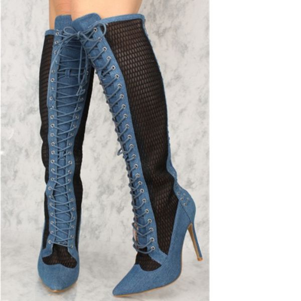 emma king knee- high womens boots t-stage party shoes denim lace zipper big size 43 thin high heels pointed toe laser cover heel, Black
emma king knee- high womens boots t-stage party shoes denim lace zipper big size 43 thin high heels pointed toe laser cover heel, Black