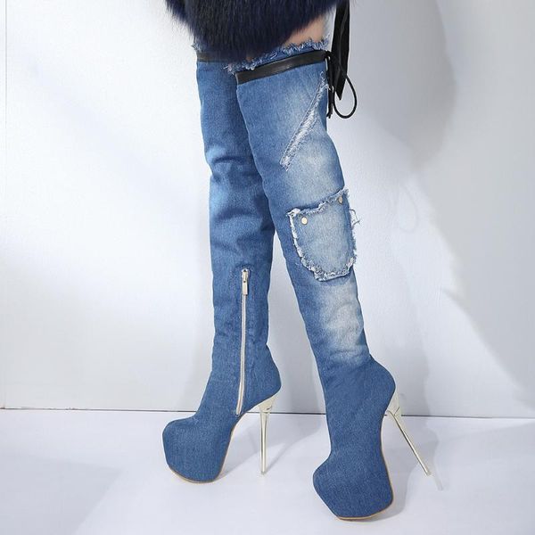 2020 extreme thin heel fetish high heels denim party nightclub platform shoes woman over the knee boots female, Black
2020 extreme thin heel fetish high heels denim party nightclub platform shoes woman over the knee boots female, Black