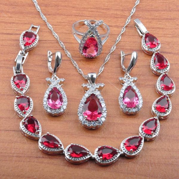 russian style rose red zirconia silver color jewelry set for women wedding earrings necklace pendant rings bracelet js0453
russian style rose red zirconia silver color jewelry set for women wedding earrings necklace pendant rings bracelet js0453