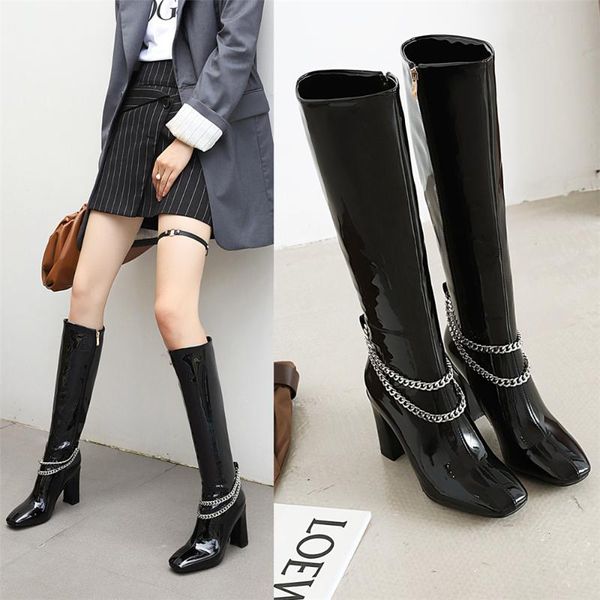 boots fashion patent leather chain knee-high woman thick heel classic square toe zip party dress dance shoes 33-43, Black
boots fashion patent leather chain knee-high woman thick heel classic square toe zip party dress dance shoes 33-43, Black