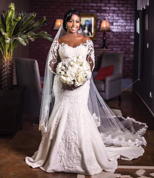 2021 vintage african lace mermaid wedding dresses bridal gowns sheer full sleeve appliques long train plus size bride dress vestidos de novi, White
2021 vintage african lace mermaid wedding dresses bridal gowns sheer full sleeve appliques long train plus size bride dress vestidos de novi, White
