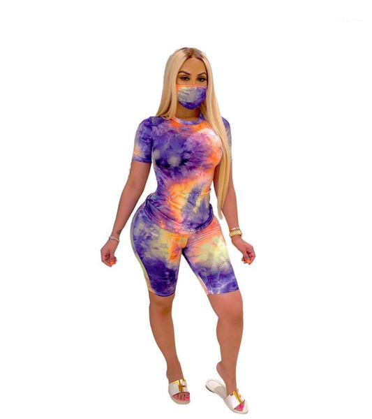 tshirt slim fit pants famale casual clothes dropshipping women mask tie dye tracksuit summer short sleeve o-neck, Gray