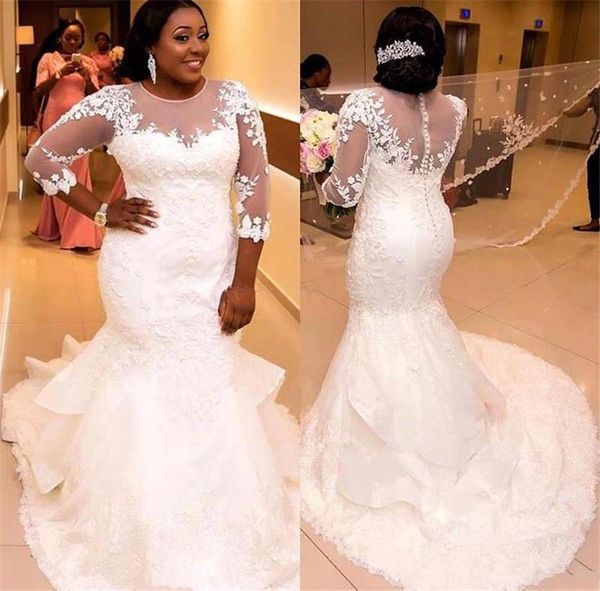 modern mermaid style scoop appliqued 3/4 sleeves bridal gown wedding dresses with court train bridal vestidos plus size, White
modern mermaid style scoop appliqued 3/4 sleeves bridal gown wedding dresses with court train bridal vestidos plus size, White