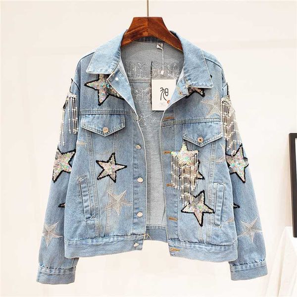 spring autumn korean fashion punk loose denim jacket women sequins stars beading tassel jeans jacket and coat female streetwear, Black;brown 
spring autumn korean fashion punk loose denim jacket women sequins stars beading tassel jeans jacket and coat female streetwear, Black;brown