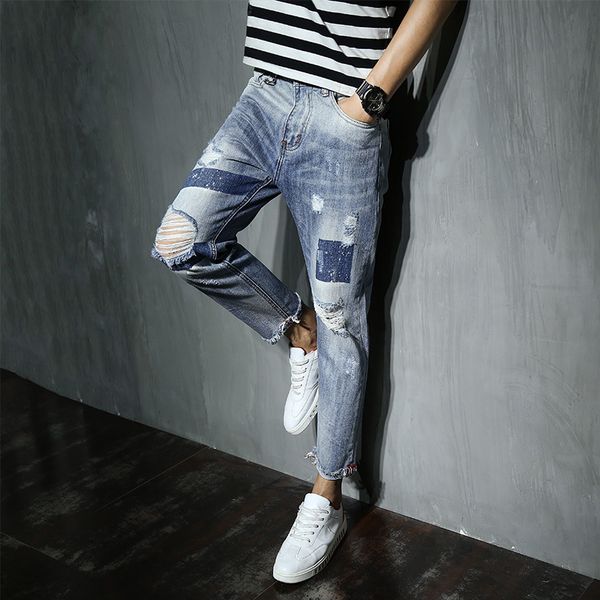 men's jeans trend harem pants evergreen years style wear capri with holes skinny, Blue
men's jeans trend harem pants evergreen years style wear capri with holes skinny, Blue