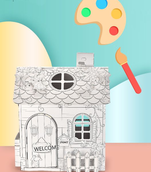 Kid Hand-painted Graffiti Assembly House Diy 3d Villa Paper Assembled House Educational Interactive Painting Puzzle Game Toy Gift