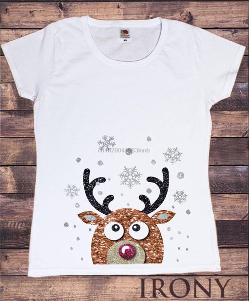 donna t-shirt bianca natale carino renna rudolph effetto glitter stampa