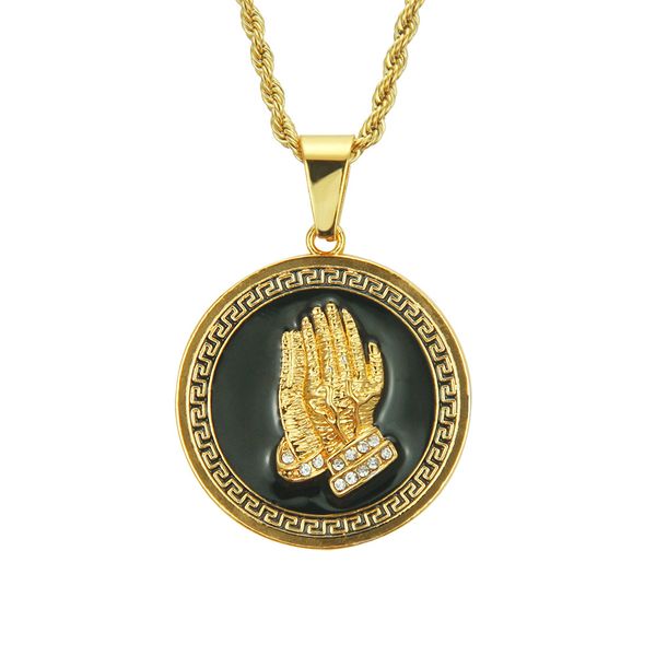round card prayer hand pendant men's necklace european and american hip-hop pendant accessories, Silver
round card prayer hand pendant men's necklace european and american hip-hop pendant accessories, Silver