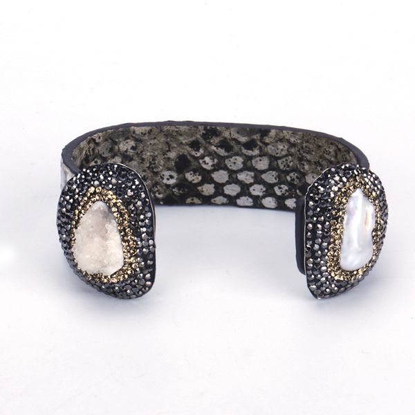 natural freshwater pearl rough druzy stone charm pave rhinestone dark gray n real snake leather wide wrap open bangle cuff women, Black
natural freshwater pearl rough druzy stone charm pave rhinestone dark gray n real snake leather wide wrap open bangle cuff women, Black