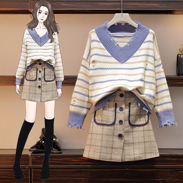 big yards new winter torn smile neck stripe sweater grid skirt women 2 pcs clothing set outfit sister suit v neck suit big, Gray
big yards new winter torn smile neck stripe sweater grid skirt women 2 pcs clothing set outfit sister suit v neck suit big, Gray