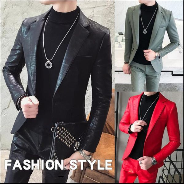 2020 new pu leather men set suit men's two-piece suit blazer and pant male leather set, White;black
2020 new pu leather men set suit men's two-piece suit blazer and pant male leather set, White;black