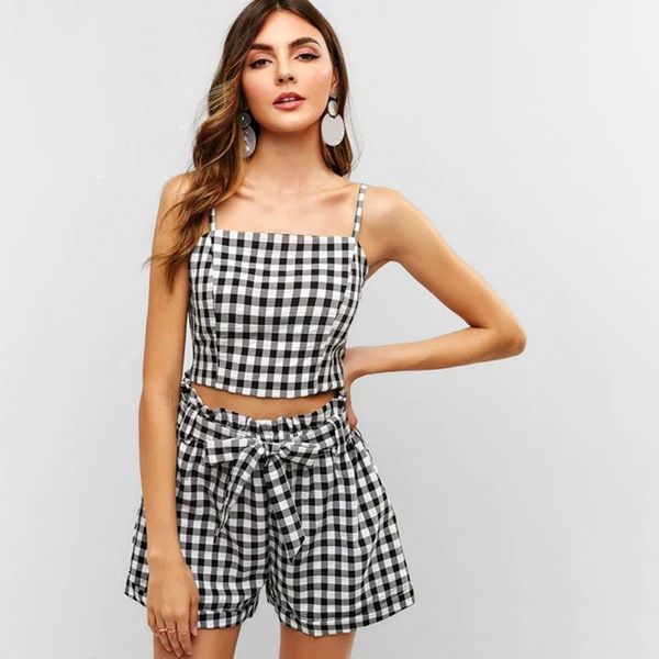 women's plaid printed clothes sets new slim camisole shorts set costume suits ladies' summer clothing sets, Gray
women's plaid printed clothes sets new slim camisole shorts set costume suits ladies' summer clothing sets, Gray