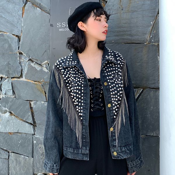 women's jackets 2021 autumn women solid denim korean style turn down collar with tassel rivet outwear casual coats chaquetas mujer, Black;brown
women's jackets 2021 autumn women solid denim korean style turn down collar with tassel rivet outwear casual coats chaquetas mujer, Black;brown