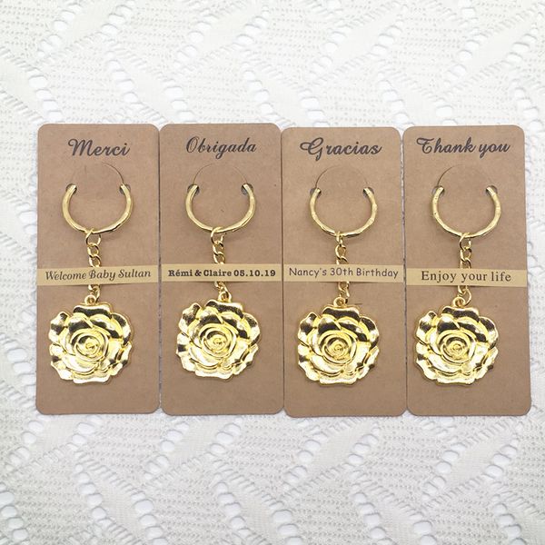 party favor 50pcs/lot personalized wedding souvenirs anniversary gifts return for guests gold rose keychain with thank you tag
party favor 50pcs/lot personalized wedding souvenirs anniversary gifts return for guests gold rose keychain with thank you tag