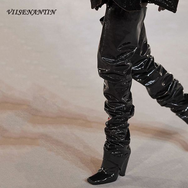 catwalk super long over the knee pleated women wedge heel square toe thigh knight boots fashion flock patent leather shoes, Black
catwalk super long over the knee pleated women wedge heel square toe thigh knight boots fashion flock patent leather shoes, Black