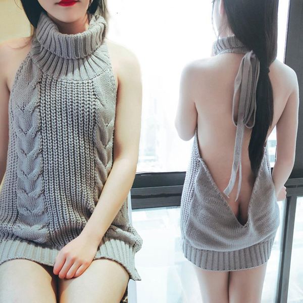 women's backless turtleneck sleeveless sweater dress knitted virgin killer lace up jersey female 2020 summer club pullover, White;black
women's backless turtleneck sleeveless sweater dress knitted virgin killer lace up jersey female 2020 summer club pullover, White;black