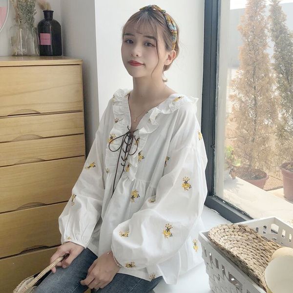 women's blouses & shirts chic flower embroidery long sleeve cotton linen blouse lace up loose white mori girl japanese chemisier
women's blouses & shirts chic flower embroidery long sleeve cotton linen blouse lace up loose white mori girl japanese chemisier