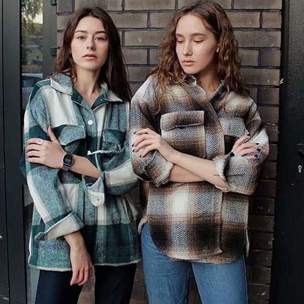 plaid women oversize woolen shirts 2020 fashion ladies soft thick shirt party female elegant loose vintage girls chic shirt, White 
plaid women oversize woolen shirts 2020 fashion ladies soft thick shirt party female elegant loose vintage girls chic shirt, White
