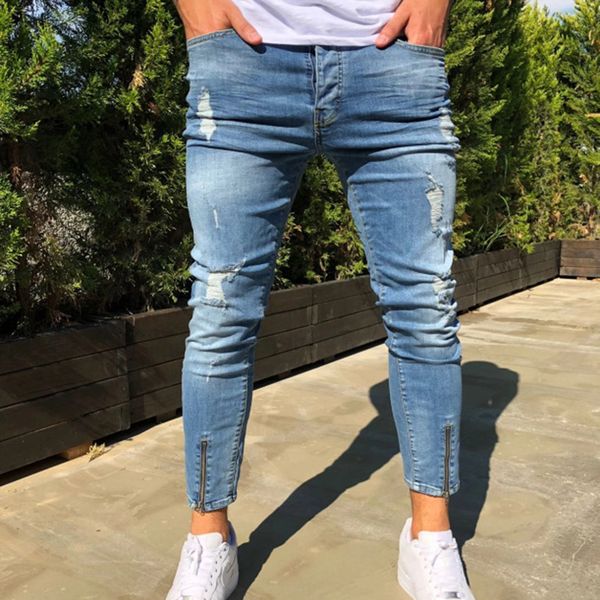 men ripped jeans european and american stretch ankle zip ankle slim fit hole damaged jeans male, Blue
men ripped jeans european and american stretch ankle zip ankle slim fit hole damaged jeans male, Blue