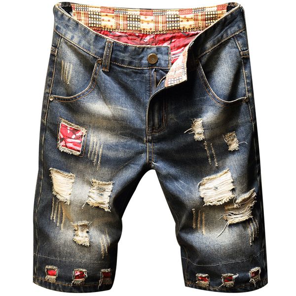 new men's male fashion casual summer red patchwork holes ripped denim shorts casual slim straight jeans knee lenght capri, Blue
new men's male fashion casual summer red patchwork holes ripped denim shorts casual slim straight jeans knee lenght capri, Blue