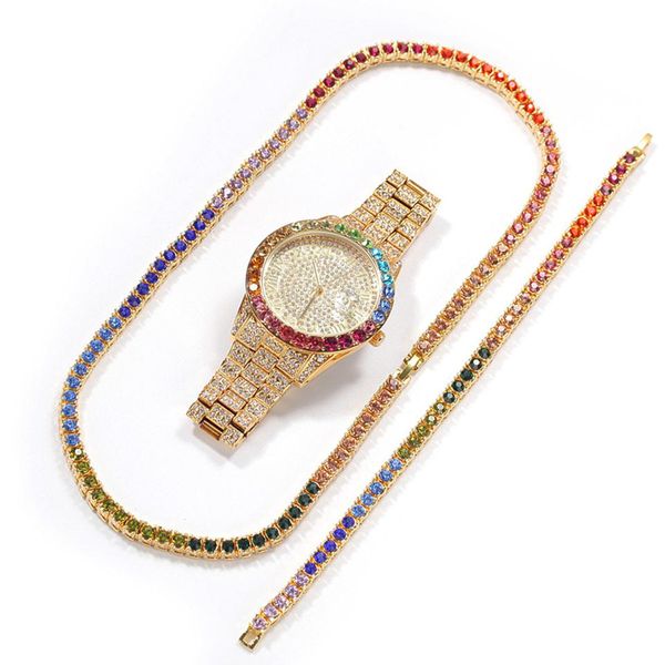 new hip hop fashion 18k gold bling colorful diamond tennis chain necklace choker bracelet watch mens and womens bracelets jewelry sets gifts, Silver
new hip hop fashion 18k gold bling colorful diamond tennis chain necklace choker bracelet watch mens and womens bracelets jewelry sets gifts, Silver