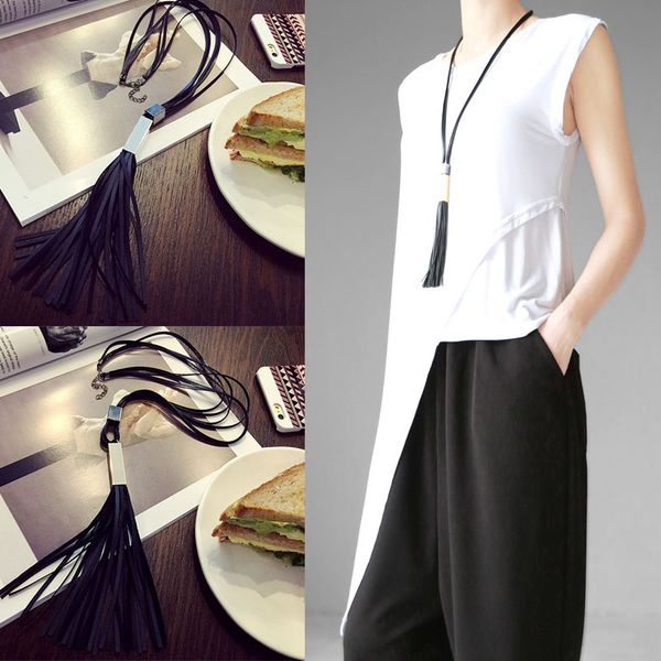new women trendy simple style black leather tassel pendant necklace long sweater chain jewelry, Silver
new women trendy simple style black leather tassel pendant necklace long sweater chain jewelry, Silver