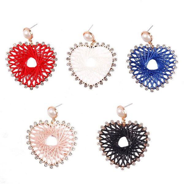 zwpon bohemia earrings cotton thread crochet fabric heart hollow drop earrings inlay crystal heart knit for woman, Silver 
zwpon bohemia earrings cotton thread crochet fabric heart hollow drop earrings inlay crystal heart knit for woman, Silver