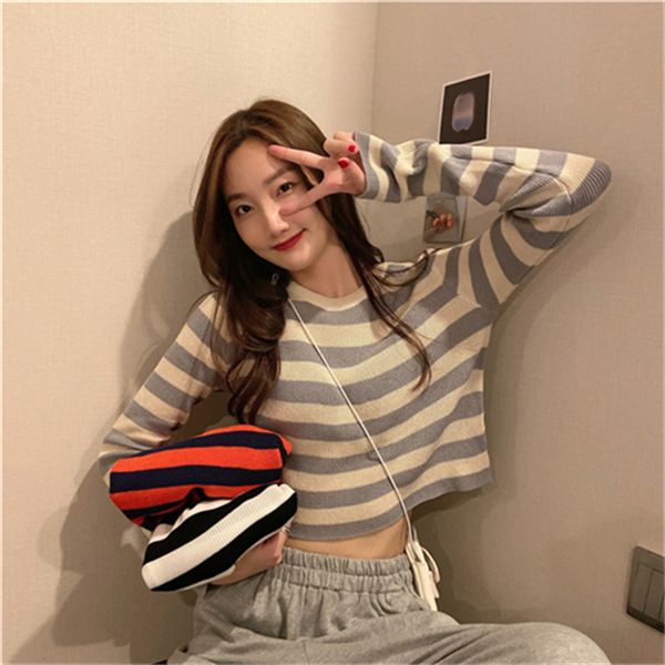 new ladies high waist belly button knitted striped round neck long sleeve sweater t-shirt korean slim sweater, White
new ladies high waist belly button knitted striped round neck long sleeve sweater t-shirt korean slim sweater, White