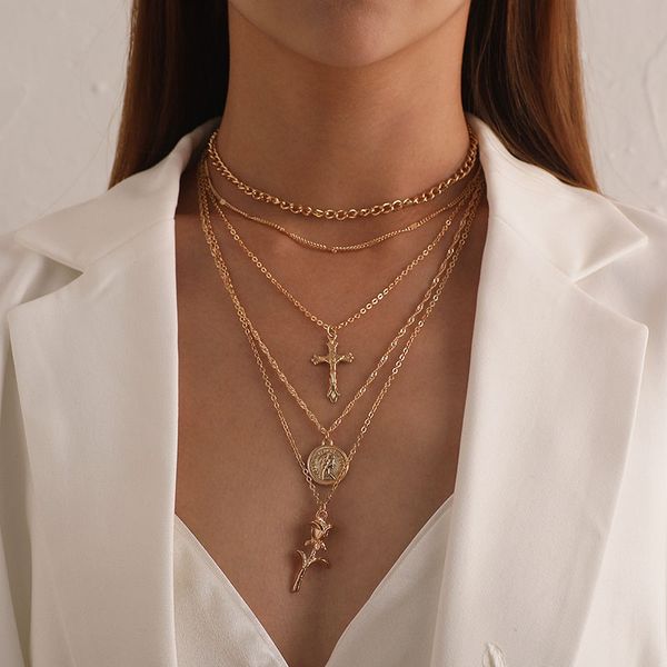 Vintage Multilayer Necklace Cross Figure Coin Rose Flower Pendant Necklace Women Geometric Clavicle Jewelry Kolye, Silver
Vintage Multilayer Necklace Cross Figure Coin Rose Flower Pendant Necklace Women Geometric Clavicle Jewelry Kolye, Silver