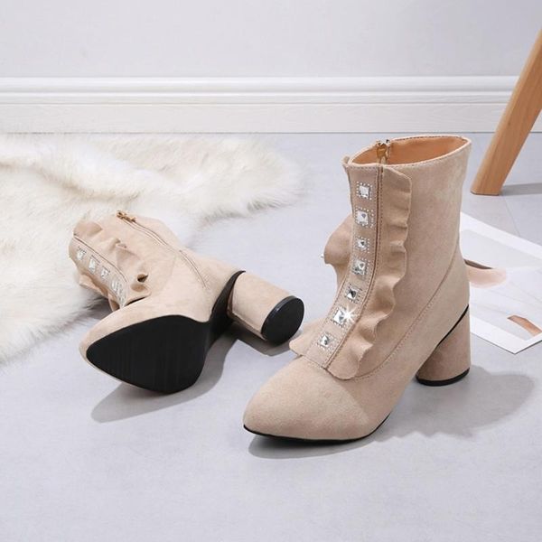 female british style shoes ladies fashion solid flock wave crystal thick zip platforms short boots, Black